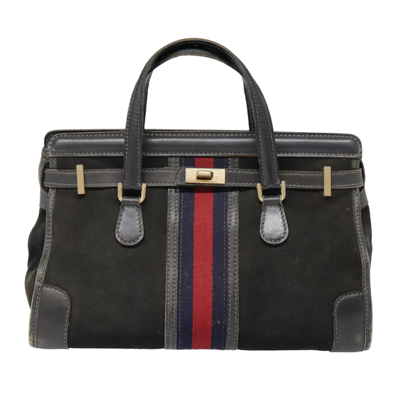 GUCCI Sherry Line Hand Bag Suede Leather Navy Red gold Auth yk14885 - Picture 13 of 16